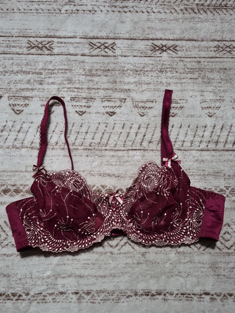 Embroidered Lace Wine Red Underwire Bra with Bow Trim